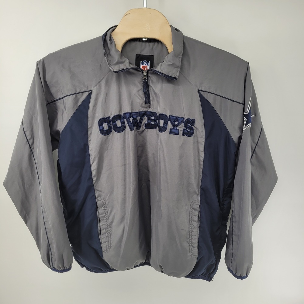 NFL Dallas Cowboys Windbreaker Mens Large Gray Navy Blue Quarter Zip Pullover